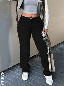 Large Size Women's Denim Jeans - Wide Leg Loose Mid Waist Boyfriend Jeans, Y2K Style Denim Pants - 黑色 - 查看 1