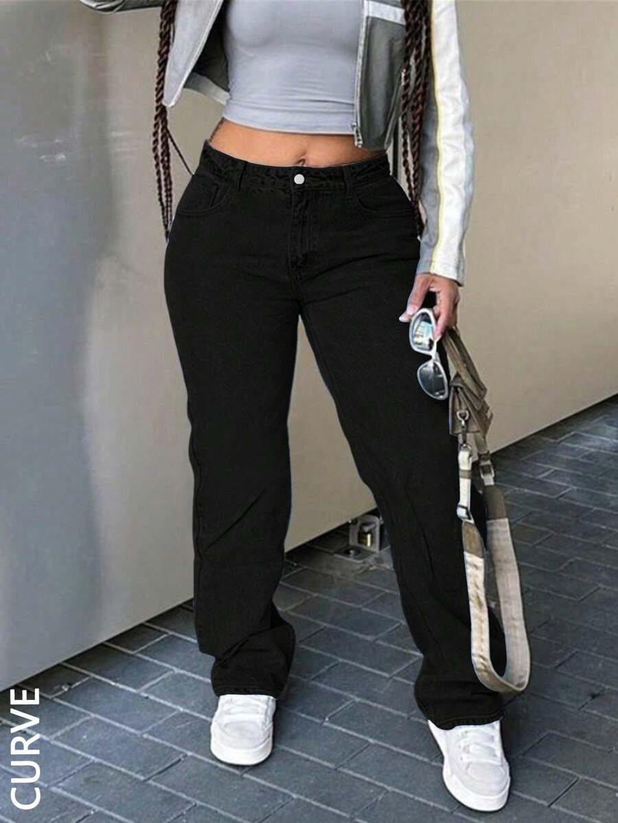 Large Size Women's Denim Jeans - Wide Leg Loose Mid Waist Boyfriend Jeans, Y2K Style Denim Pants - 黑色 - 查看 1