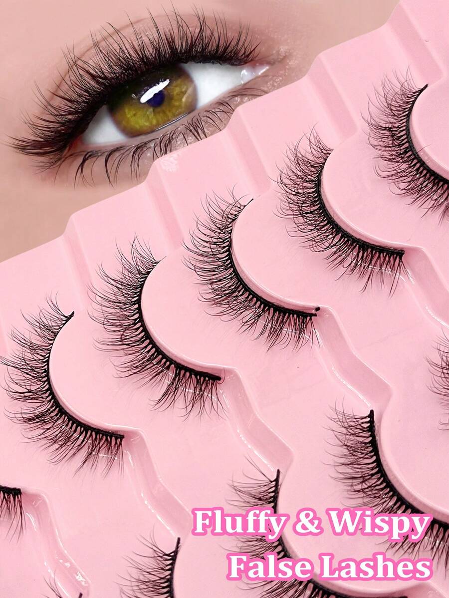 7 对纤细 3D 仿貂皮睫毛 - 自然外观、蓬松、可重复使用的假睫毛，适合日常佩戴