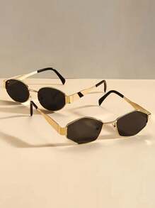 2pcs Fashion Metal Oval Frames Glasses Sets, PC Lenses, Suitable For Hiking And Outdoor Activities For Summer Beach Vacation,Outdoor,Travel