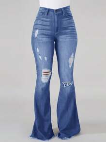 Women's Vintage-Inspired High-Stretch Skinny Jeans - Ripped Detail, Halloween Costumes,Raw Hem, Mid-Rise, Distressed Blue Denim With Slash Pockets, Comfort Fit For All Seasons - 淺色水洗藍 - 查看 3
