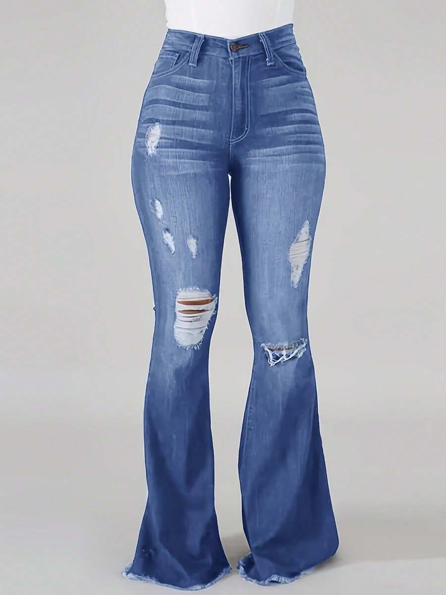 Women's Vintage-Inspired High-Stretch Skinny Jeans - Ripped Detail, Halloween Costumes,Raw Hem, Mid-Rise, Distressed Blue Denim With Slash Pockets, Comfort Fit For All Seasons - Rửa nhẹ - Xem 1