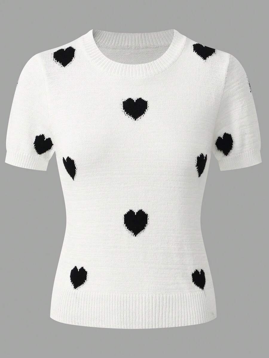 女士针织心形印花短袖上衣，甜美时尚设计，黑色，适合夏季