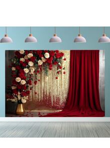 1 件优雅红玫瑰和金色闪光背景横幅 - 多用途装饰，适用于婚礼、生日、周年纪念、情人节 - 适用于房间、花园、 - 紅色 - 查看 2