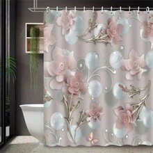 1pc Elegant Nordic Floral 3D Relief Shower Curtain - High-End Waterproof & Anti-Fog Polyester Curtain With Pink And White Flowers Design, Machine Washable, Includes Hooks - Perfect For Bathroom Decor, Waterproof Curtain Summer Bathroom Accessories Back To School