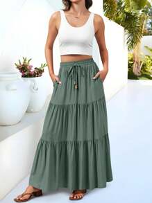 SANOPY Women's Date & Beach & Daily Bohemian Elastic High Waisted Extra Long Casual Elegant Skirt With Pockets Spring & Summer Streetwear - màu xanh lá - Xem 2