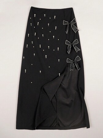 Women's Elegant Bubble Pearl Asymmetrical Hem A-Line Skirt With Bow Side Decoration