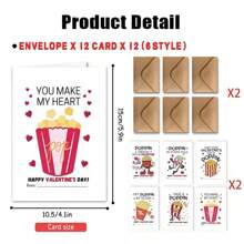 Paquete de 24 tarjetas de felicitación del Día de San Valentín con tema de palomitas de maíz, con sobres, tarjetas de papel de colores mixtos, tarjetas en blanco para ocasiones múltiples para amigos, familiares, compañeros de clase