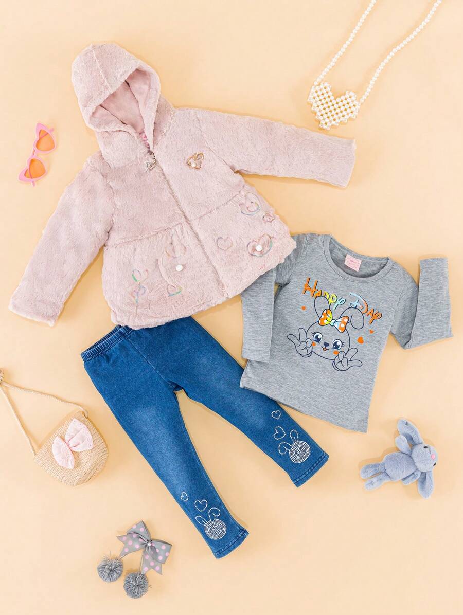 Set Leggings Coat Teddy Long Sleeve T-Shirt Warm Plush Rabbit