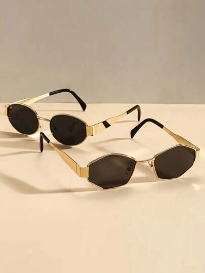 2pcs Fashion Metal Oval Frames Glasses Sets, PC Lenses, Suitable For Hiking And Outdoor Activities For Summer Beach Vacation,Outdoor,Travel