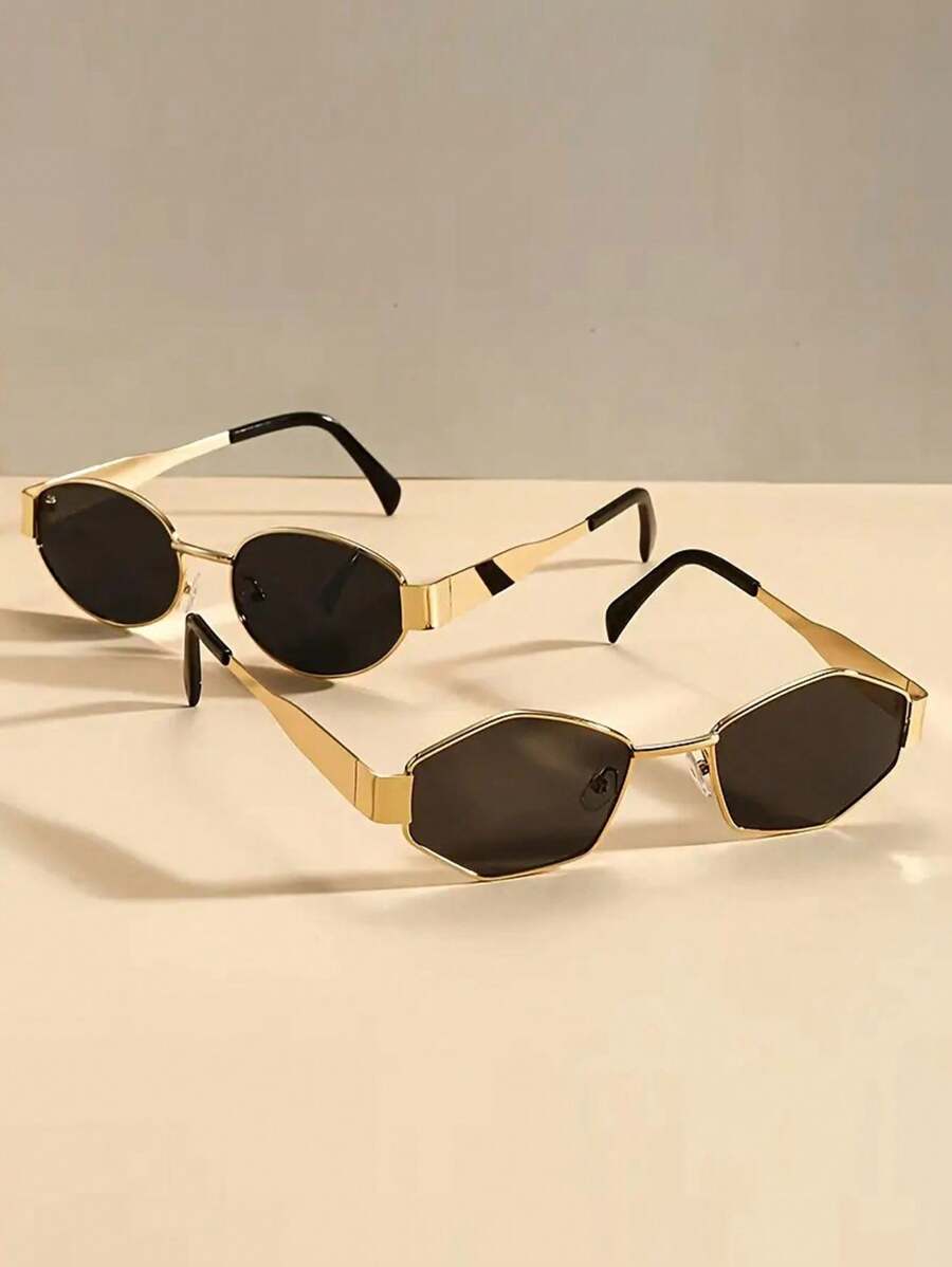 2pcs Fashion Metal Oval Frames Glasses Sets, PC Lenses, Suitable For Hiking And Outdoor Activities For Summer Beach Vacation,Outdoor,Travel