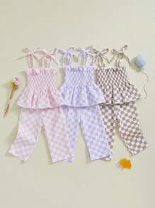 2Pcs Toddler Baby Girl Linen Summer Clothes Tie-Up Sleeveless Smocked Ruffle Hem Tops Long Pants Casual Outfits - Purple - View 3