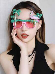 1pc Holiday Party Decoration Glasses, Hawaiian Sunglasses With Palm Tree, Flamingo, INS Beach Photo Prop Funny Dance Show Glasses (Handmade Painted, Normal Minor Flaws)