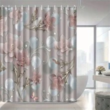 1pc Elegant Nordic Floral 3D Relief Shower Curtain - High-End Waterproof & Anti-Fog Polyester Curtain With Pink And White Flowers Design, Machine Washable, Includes Hooks - Perfect For Bathroom Decor, Waterproof Curtain Summer Bathroom Accessories Back To School