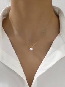 1pc Fashionable Minimalist Pearl Stainless Steel Gold Necklace, Jewelry Gift For Her, Everyday Wear