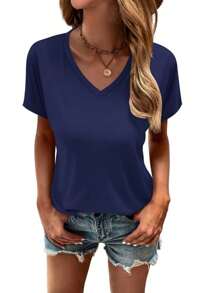 KAHULE Women's  V-Neck T Shirt  Short Sleeve Shirt Classic-Fit Casual Breathable Tee Summer Basic Tops - màu xanh hải quân - Xem 3