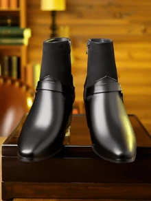 [Fast Arrival] Men's Belt Zipper High Heel Boots, Casual Walking Shoes, PU Leather Boots - Phối màu - Xem 3