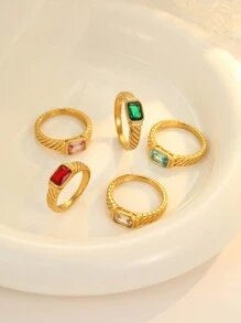 1 件不锈钢金色、时尚红色、蓝色、绿色、白色、粉色宝石女士戒指，适合日常佩戴或送礼 - 彩色 - 查看 2