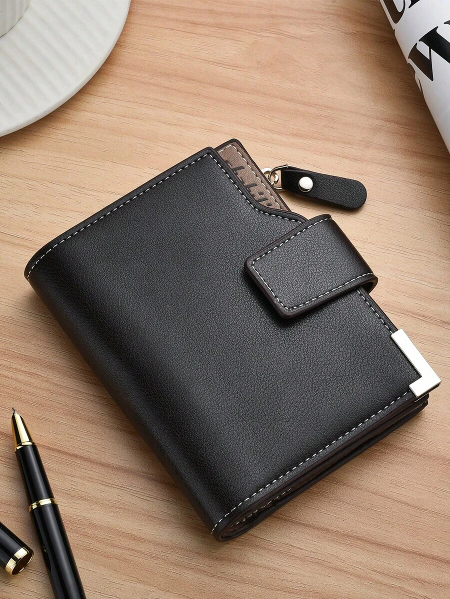 SHABILI 男士短款超薄钱包多槽时尚新款商务软皮竖款双折钱包男士钱包钱夹男士钱包真皮 - 黑色 - 查看 1