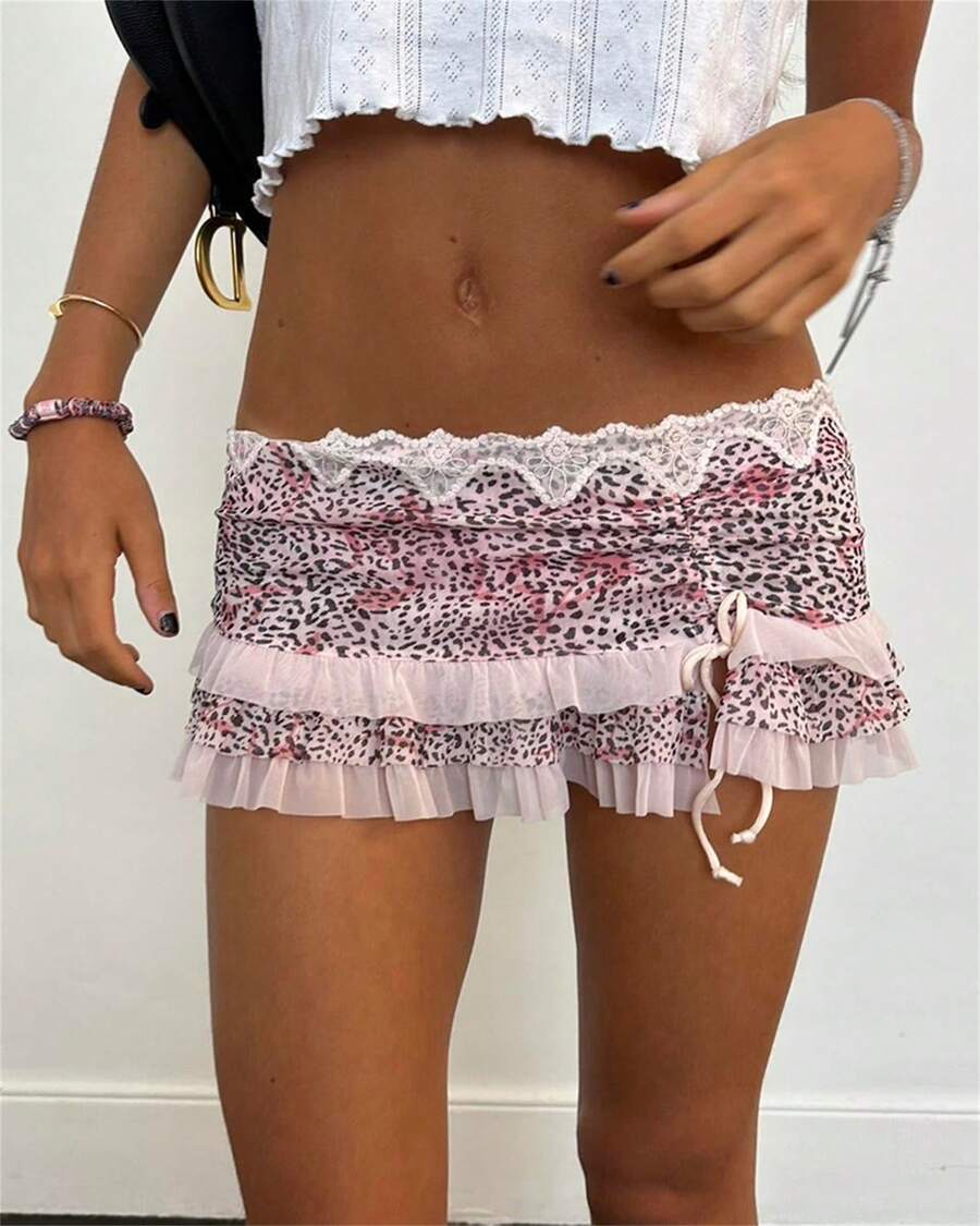 Women's Vintage Leopard Print Mini Skirt Low Waist Ruffle Drawstring Lace Irregular Hem Y2K Short Skirt - Pink - View 1