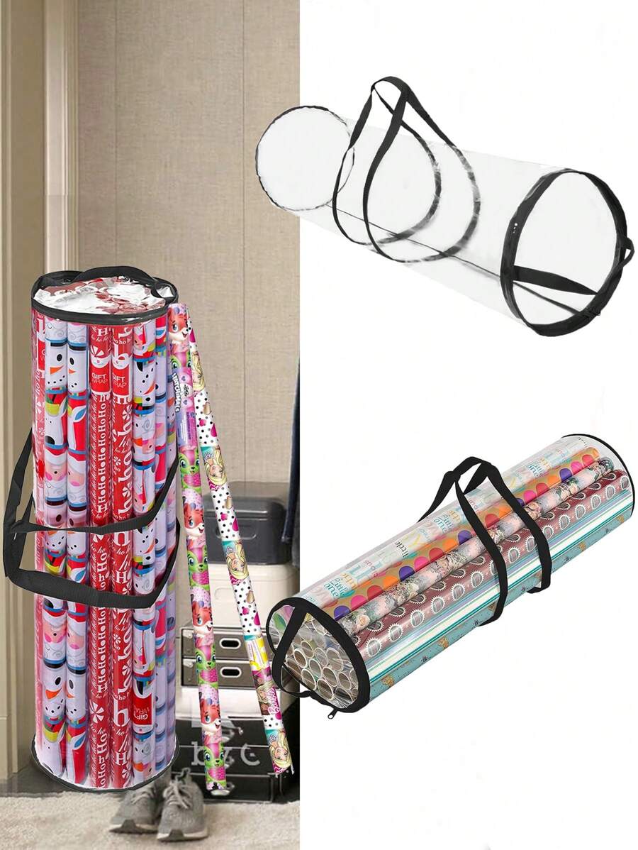 1pc Transparent Christmas Gift Wrap Storage Bag - Large Capacity Cylindrical Storage Bag, Suitable For Gift Wrapping Paper Rolls, Durable PVC Material, Dust-Proof And Space-Saving. - Black - View 1