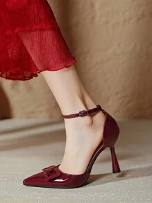 Women's Fashion Metal Buckle Accent Strap Pointed Toe Super High Stiletto Heel Pumps, Sexy Lightweight Slip-On Work Heels For Spring/Summer, High Quality Date Night Big Size - Burgundy - View 5
