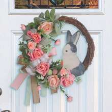 1PC Easter Bunny Wreath For Front Door Or Wall Artificial Rabbit Wreath Spring Wreath Easter Decor Outdoor Indoor Hanging Wreath