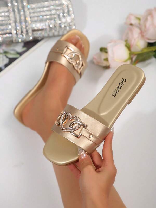 Women's Fashion Flat Sandals For Valentine's Day, Open Toe Solid Color Metal Buckle Decor, Daily Commute, Outdoor, Beach