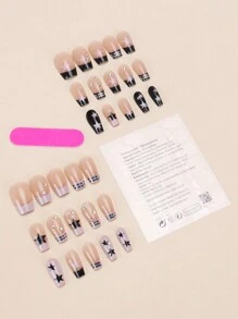Instantly Enhance Your Look With 30 Pieces Of Short Coffin Shaped Black French Star Rhinestone Japanese Style Fingernail Pieces, Complete Set With 1 Piece Of Jelly Glue And 1 Piece Of Rubbing Strip Press On Nails Nail Supplies Nails - Multicolor - View 5