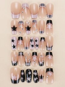 Instantly Enhance Your Look With 30 Pieces Of Short Coffin Shaped Black French Star Rhinestone Japanese Style Fingernail Pieces, Complete Set With 1 Piece Of Jelly Glue And 1 Piece Of Rubbing Strip Press On Nails Nail Supplies Nails - Multicolor - View 4