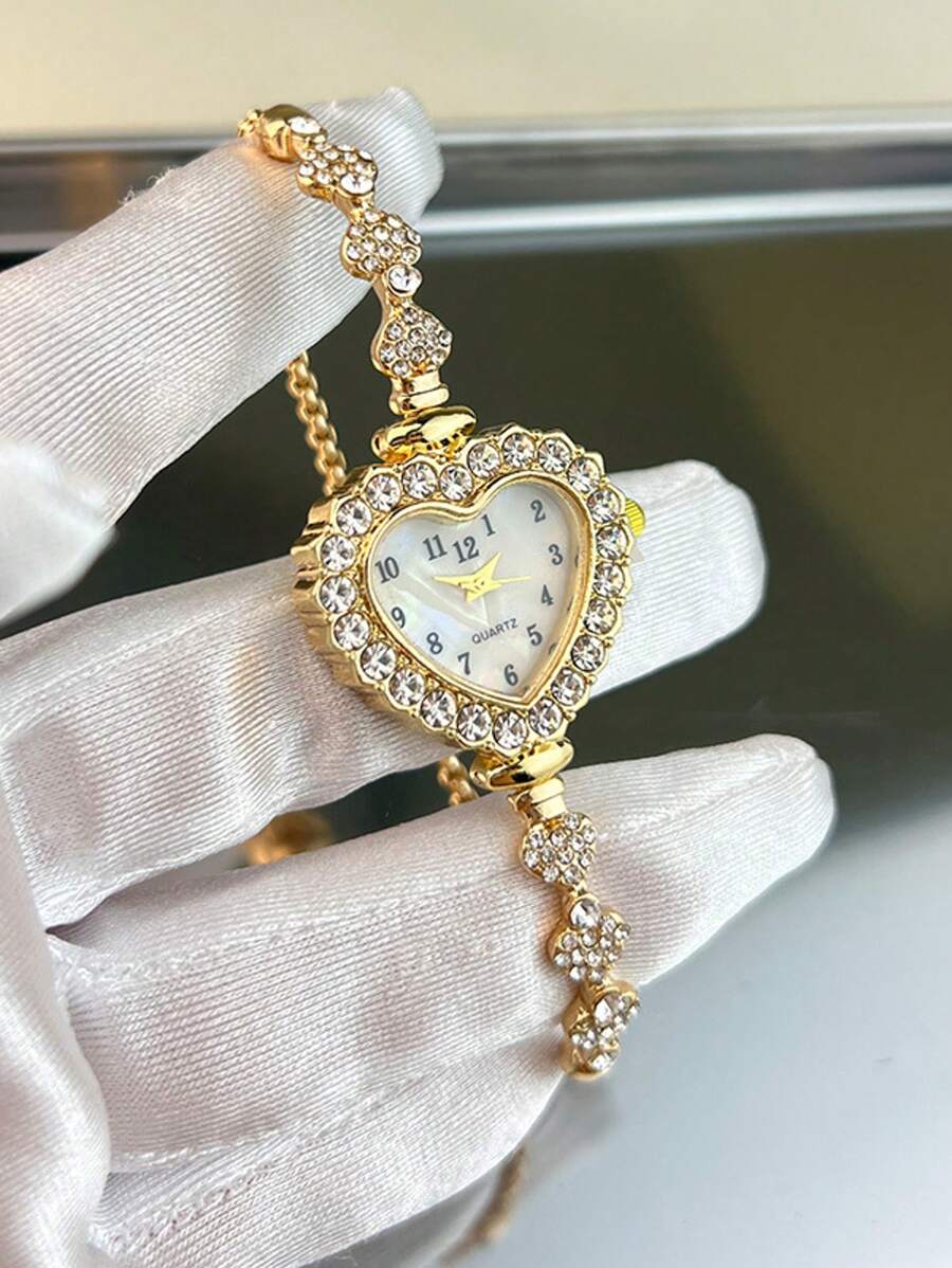 1pc Women's Gold-Tone Alloy Fully Paved Crystal Heart-Shaped Case Arabic Numeral Dial Quartz Watch With Drawstring Adjustable Strap, Suitable For Daily Matching, Birthday, Women's Gift, Anniversary, Singles' Day, Halloween Promotion, Etc. (No Gift Box)