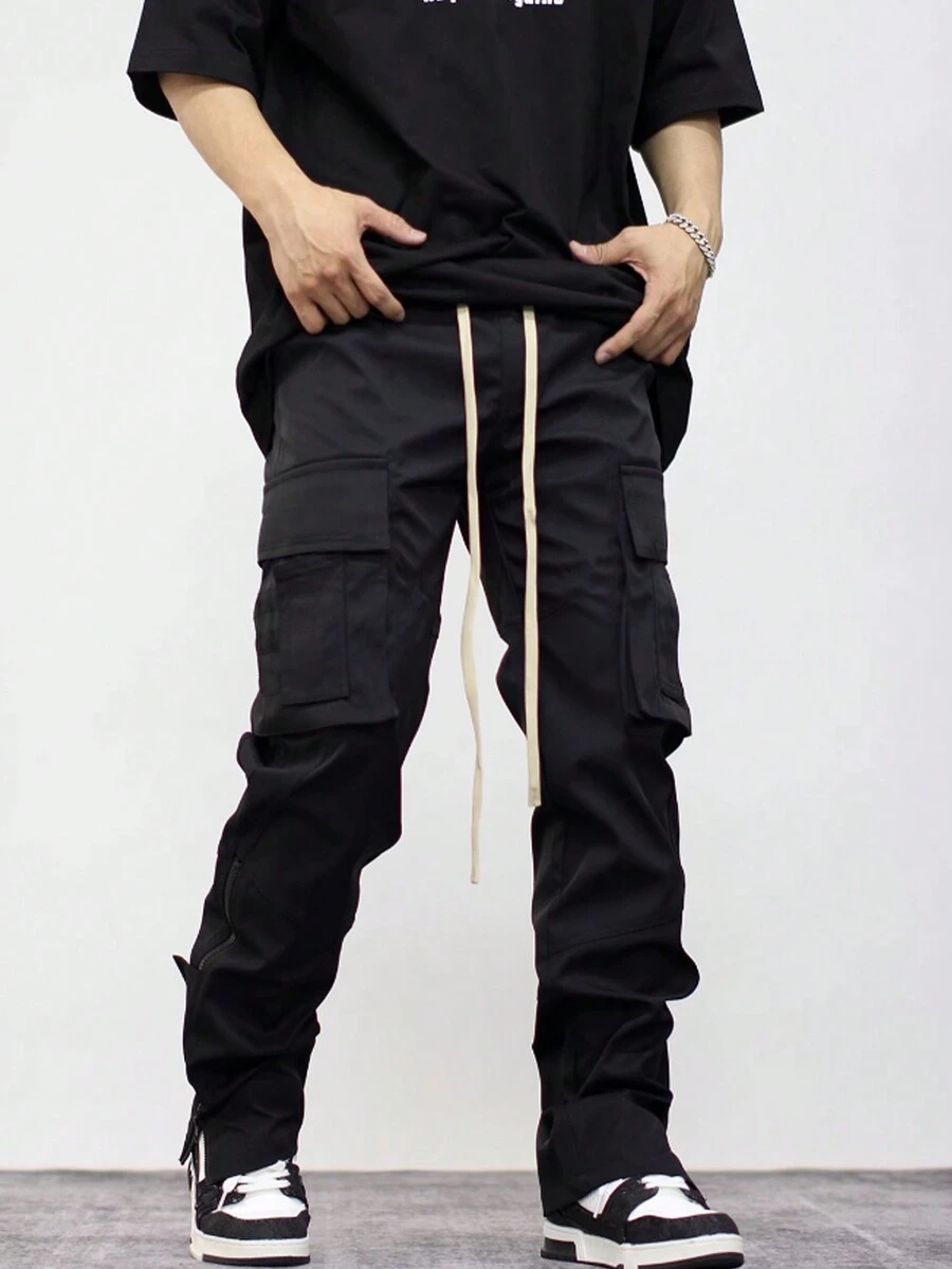 Streetwear Functional Multi-Pocket Zipper Nylon Pants, Loose Relaxed Fit Slim Straight Trousers For Men And Women - Black - View 1