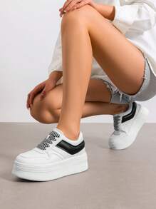 Women's Platform High Heel Fashion Sneakers – Lightweight, Stylish, And Classic Lace-Up Casual Walking Shoes - 黑與白 - 查看 3
