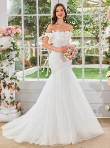 UNITHORSE Women's Handmade Floral Applique Lace Mesh Patchwork White Fishtail Wedding Dress,Bride, All White Party Outfit Women - White - View 2