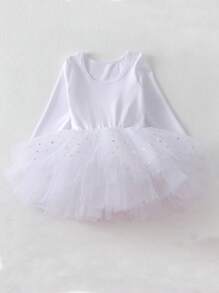 女童白色亮片长袖薄纱裙芭蕾舞裙，纯色舞蹈紧身衣