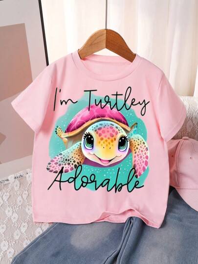 1pc Young Girl Outdoor Casual Breathable Simple Cute Pink Sea Turtle Print Round Neck Short Sleeve T-Shirt, Lightweight For Spring/Summer