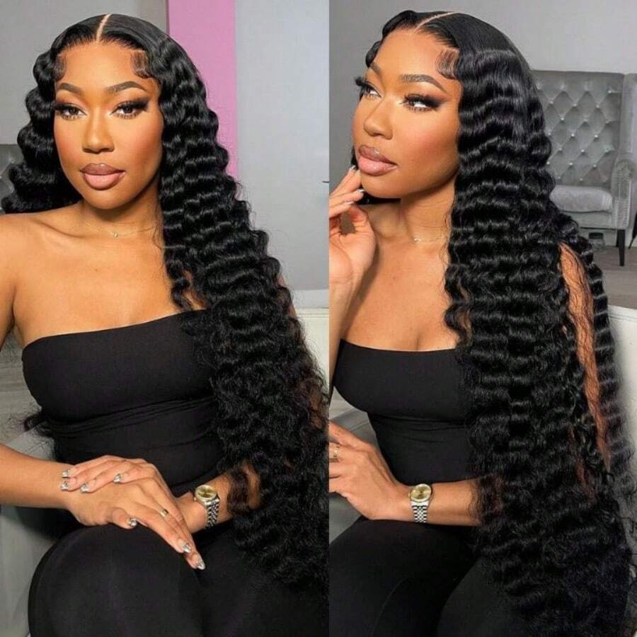 180% Deep Wave 5x5 Lace Closure Wigs Human Hair 40 Inches HD Transparent Lace Wigs Deep Curly Wig Human Hair Lace Front Wigs Pre Plucked With Baby Hair Lace Closure Wigs For Women 180% Density Natural Black Color