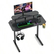 Gaming Table Gaming Desk Computer Table PC Table With Cup Holder And Headphone Hook Desk With Monitor Stand 100x55x75 Cm L-Shaped Legs - 黑色 - 查看 1