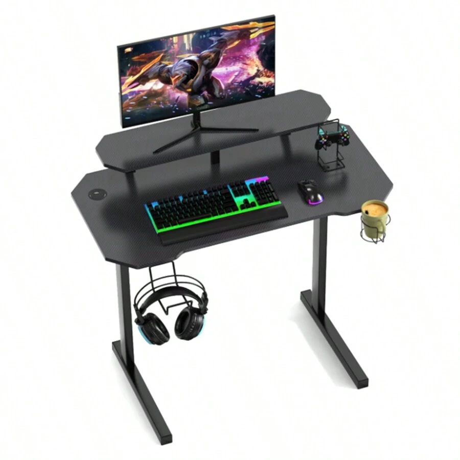 Gaming Table Gaming Desk Computer Table PC Table With Cup Holder And Headphone Hook Desk With Monitor Stand 100x55x75 Cm L-Shaped Legs - 黑色 - 查看 1