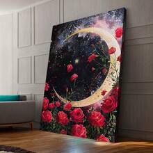 Framed Crescent Moon,  Rose Garden,  Starry Night,  Canvas Wall Art,  Romantic Art,  Floral Decor,  Dreamlike SceneRoom, Living Room, Kitchen, A Festive Touch For Valentine's And New Yea Decor