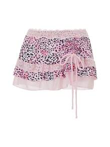 Women Mini Short Skirt Low Waisted Leopard Print Ruffle Lace Edge Fashion Short Skirt - Pink - View 8