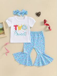 Conjunto de cumpleaños para niña, camiseta de manga corta con cuello redondo y letras de donut, pantalones acampanados y diadema, bonito conjunto de verano. - Azul - Ver 2