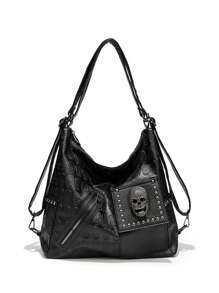 New Skull Rivet Decorated Alternative Fashion British Style Women Large Capacity Handbag Shoulder Bag Crossbody Bag, Halloween Bags Perfect For Fancy Party Matching With Halloween Costumes - Black - View 5