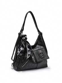New Skull Rivet Decorated Alternative Fashion British Style Women Large Capacity Handbag Shoulder Bag Crossbody Bag, Halloween Bags Perfect For Fancy Party Matching With Halloween Costumes - Black - View 2