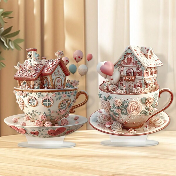1pc Valentine's Day Theme Romantic Cup Cottage Desktop Decoration, Multi Functional 2D Acrylic Decorative Ornament, Rose Coffee Cup Castle Shaped Design, Multi Purpose Home Decoration, Suitable For Valentine's Day, Ideal Anniversary, Valentine's Day And New Year Gifts