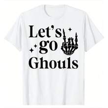 Camiseta de Halloween gótica con diseño de mano de esqueleto "Let's Go Ghouls" para despedida de soltera, camiseta de manga corta holgada de algodón pesado, con estampado gráfico, para mujer, top casual de manga corta