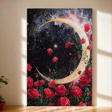 Framed Crescent Moon,  Rose Garden,  Starry Night,  Canvas Wall Art,  Romantic Art,  Floral Decor,  Dreamlike SceneRoom, Living Room, Kitchen, A Festive Touch For Valentine's And New Yea Decor