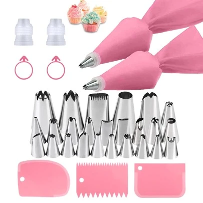 34pcs/Set Stainless Steel Piping Nozzles Cake Decorating Kit, Including 20 Small, 5 Medium Piping Tips, 2 Piping Bags, 2 Couplers, 2 Silicone Bands, 3 Icing Spatulas, Cake Decor Nozzles, Cupcake, Baking Pan Decoration, Baking Tools, Cream, Cookies, Kitchen Gadgets