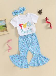 Conjunto de cumpleaños para niña, camiseta de manga corta con cuello redondo y letras de donut, pantalones acampanados y diadema, bonito conjunto de verano. - Azul - Ver 3