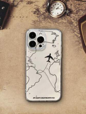 1pc Perforated High Transparency Map & Airplane Printed Thick Anti-Drop Phone Case Compatible With Iphone 16/16Pro/16Plus/16ProMax/15ProMax, IPhone X/XR/7/8/P/IPhone SE2, A50/A12/A32/A52/A72/A51/A21S/A13/A14/S22/S23/A33/A53/S20FE, 11 Lite/12Pro/12/12X/Note11/9A/9C/Poco X3 NFC/Redmi 10/9/Note9/12C/Note11Pro/10C/Note8Pro